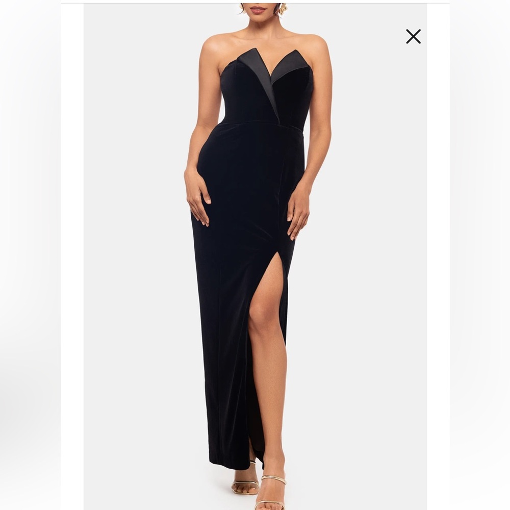 Betsy & Adam Velvet Strapless Tuxedo Gown